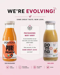 Pomona Organic Peach Juice (Pack of 12), Cold Pressed USDA Organic Juices, 100% Peaches, No Added Sugar, Not From Concentrate, Vegan, Kosher, Non GMO, Pasteurized, 8.4 oz Glass Bottles