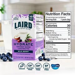 Laird Superfood Hydrate Coconut Water – Electrolyte Drink Mix – Wild Berry, 10 Single Serve Sticks – 0g Added Sugar – No Artificial Ingredients – On-the-go Hydration