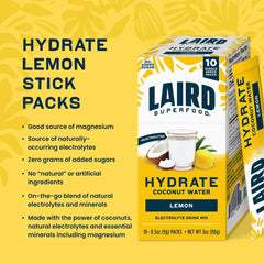 Laird Superfood Hydrate Coconut Water Electrolyte Drink Mix, Lemon, 10 Single Serve Stick Packs, 0g Added Sugar, No Artificial Ingredients