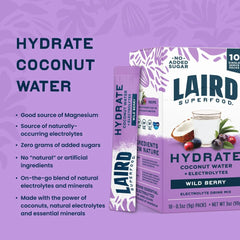 Laird Superfood Hydrate Coconut Water – Electrolyte Drink Mix – Wild Berry, 10 Single Serve Sticks – 0g Added Sugar – No Artificial Ingredients – On-the-go Hydration
