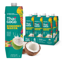 Thai Coco Coconut Water, 100% Pure & Unsweetened, No Sugar Added, USDA, Natural Electrolytes Hydration Drink, 33.8 fl oz Tetra Carton (Pack of 6)