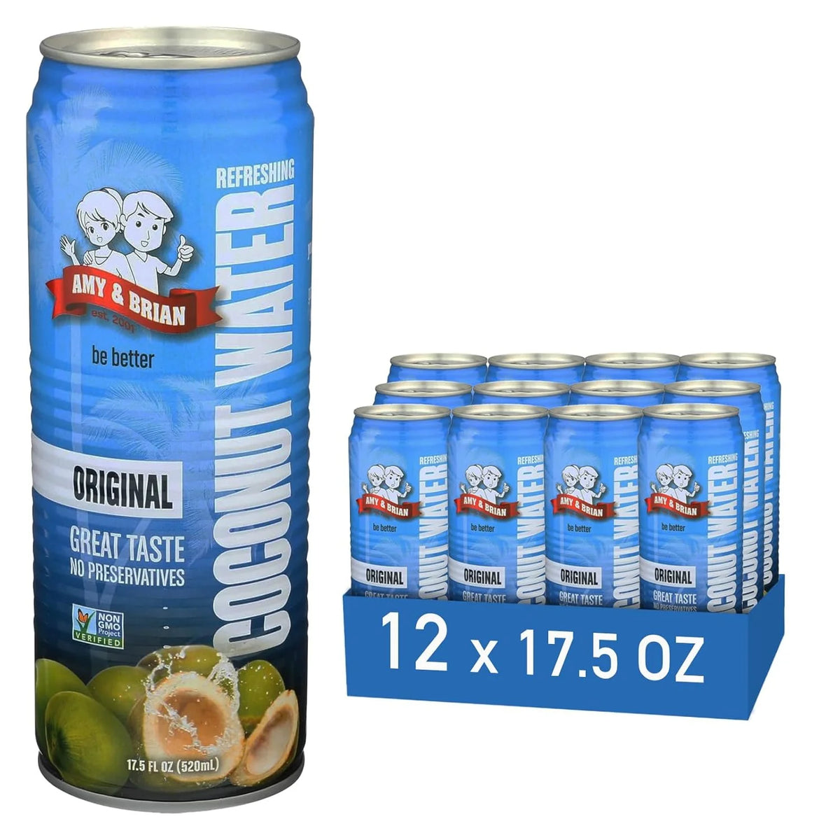 Amy & Brian Non-GMO Coconut Water, Original, 17.5 Fl Oz (Pack of 12)