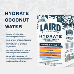 Laird Superfood Hydrate Electrolyte Drink Mix with Coconut Water, Variety Pack, 10 Single Serve Stick Packs, 0g Added Sugar, No Artificial Ingredients