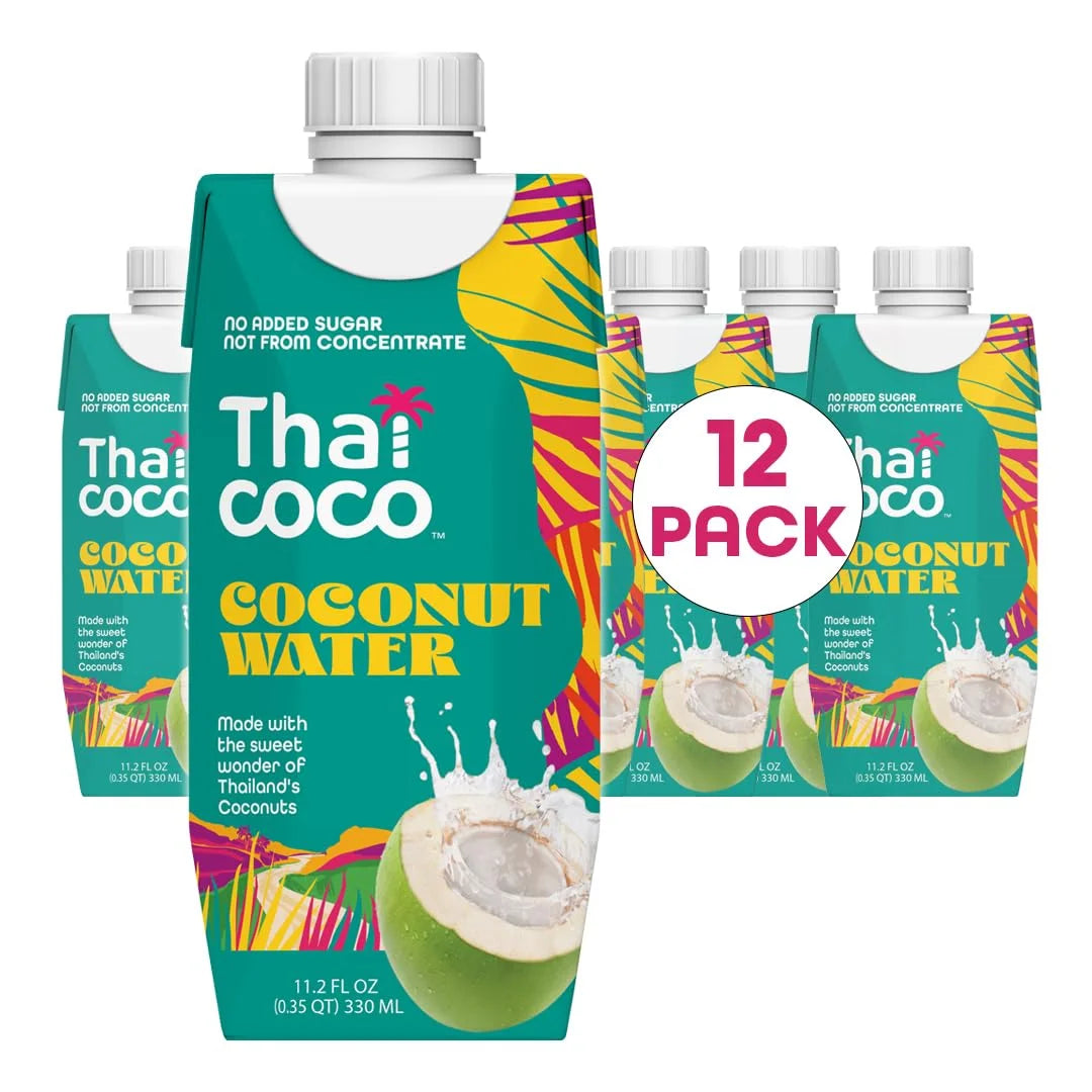 Thai Coco Coconut Water, 100% Pure & Unsweetened, No Sugar Added, USDA, Natural Electrolytes Hydration Drink, 11.2 fl oz Tetra Carton (Pack of 12)