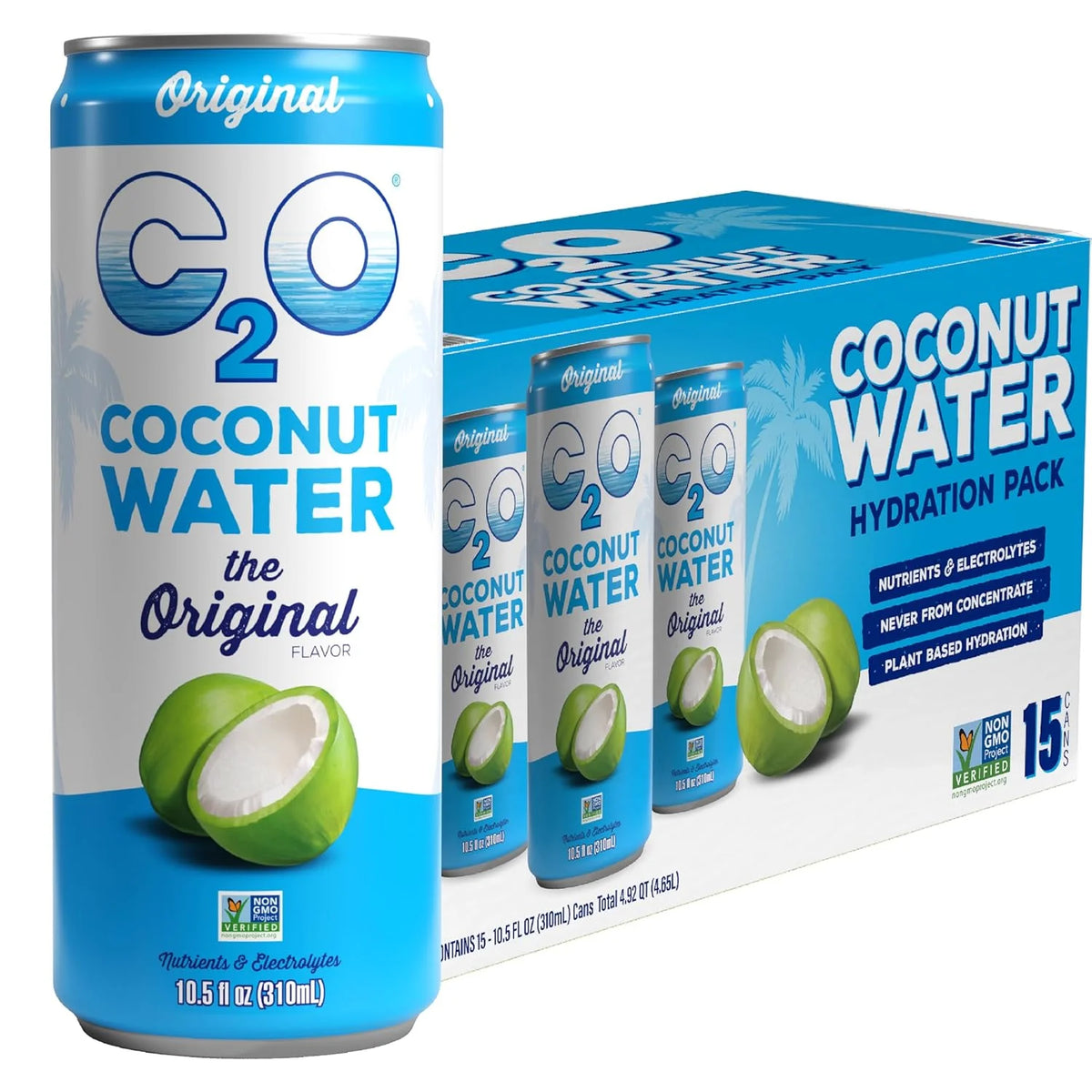 C2O - Coconut Water, The Original Flavor (15 Pack) - Made with Fresh Coconut Water - Plant Based - Non GMO - Canned Water - Natural Hydration, Electrolytes, & Potassium - 15 Cans, 10.5 FL OZ