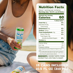 C2O - Coconut Water, The Original Flavor with Pulp (15 Pack) - Made with Fresh Coconut Water - Plant Based - Non GMO - Canned Water - Natural Hydration, Electrolytes, & Potassium - 15 Cans, 10.5 FL OZ