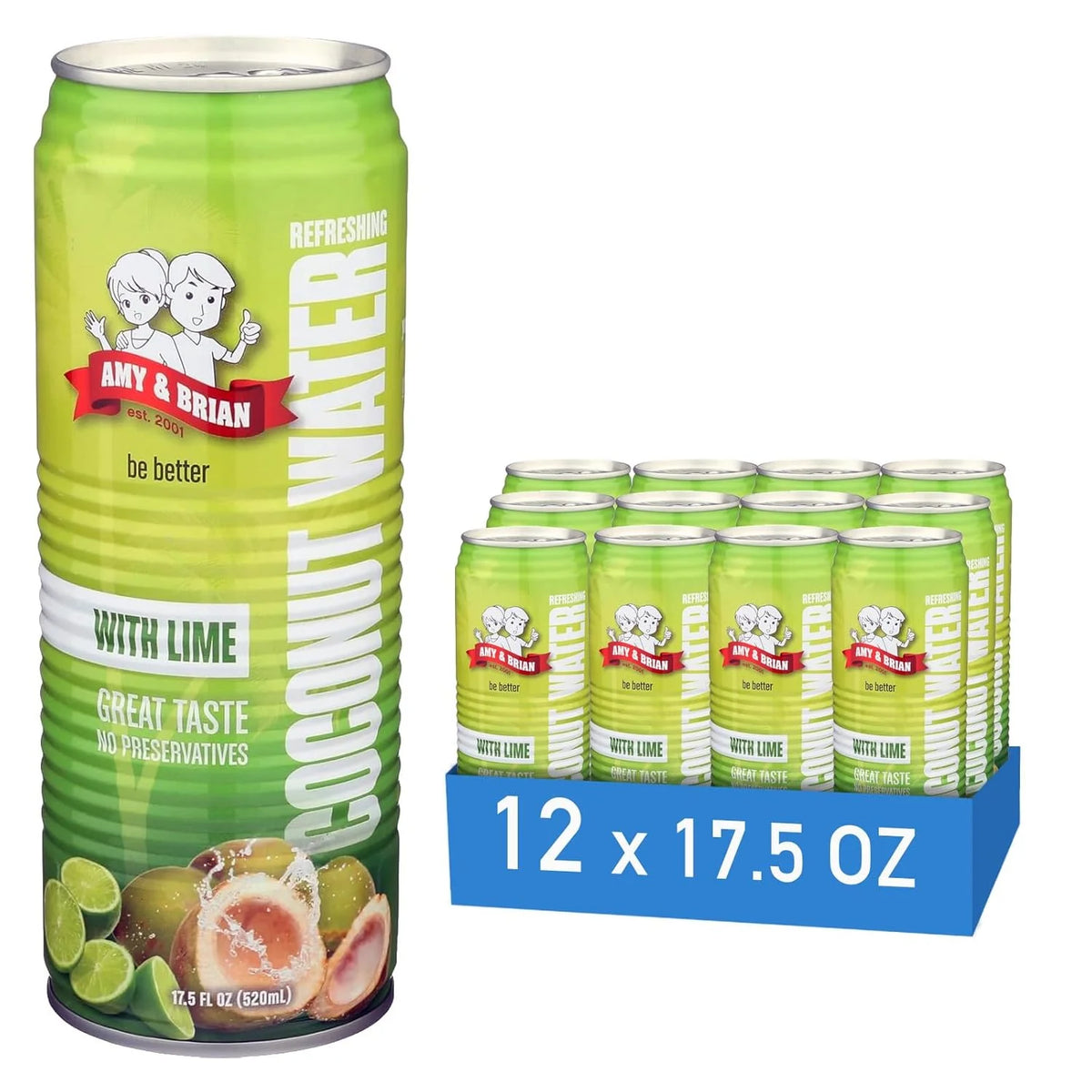 Amy & Brian Pure Coconut Water with Lime, Non-GMO, No Sugar Added, Refreshing and Hydrating Real Coconut Water, 17.5 Fl Oz (Pack of 12)