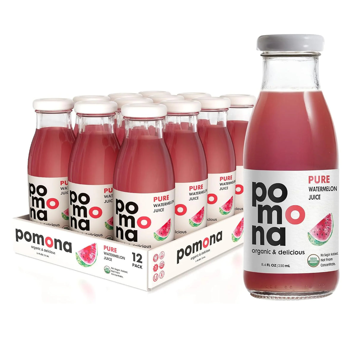 Pomona Organic Juices Pure Watermelon Juice, Cold Pressed Organic Juice, Non-GMO, No Sugar Added, Not from Concentrate, Gluten Free, Kosher Certified, Preservative Free, 8.4 Ounce (Pack of 12)