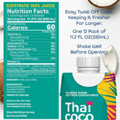 Thai Coco Coconut Water, 100% Pure & Unsweetened, No Sugar Added, USDA, Natural Electrolytes Hydration Drink, 11.2 fl oz Tetra Carton (Pack of 12)