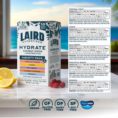 Laird Superfood Hydrate Electrolyte Drink Mix with Coconut Water, Variety Pack, 10 Single Serve Stick Packs, 0g Added Sugar, No Artificial Ingredients