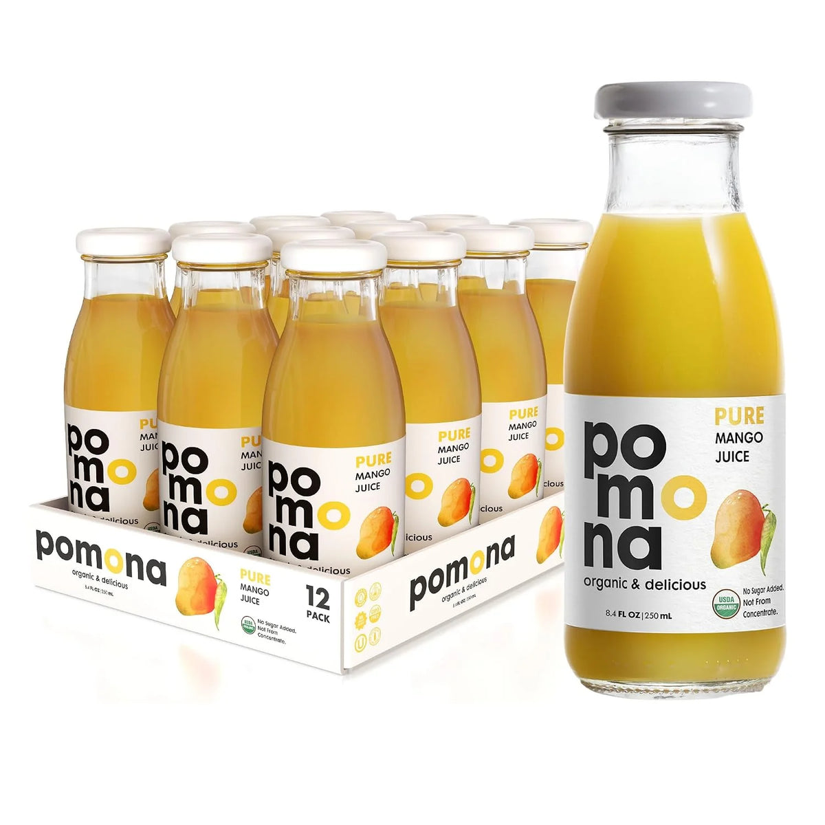 Pomona Organic Juices Pure Mango Juice, 8.4 Ounce Bottle (Pack of 12), Cold Pressed Organic Juice, Non-GMO, No Sugar Added, Not from Concentrate, Gluten Free, Kosher Certified, Preservative Free