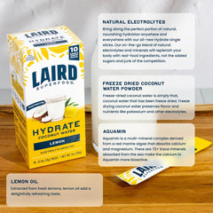 Laird Superfood Hydrate Coconut Water Electrolyte Drink Mix, Lemon, 10 Single Serve Stick Packs, 0g Added Sugar, No Artificial Ingredients